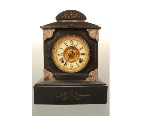 A Victorian polished slate mantle and pink marble clock, (replacement quartz movement), 37 cm high