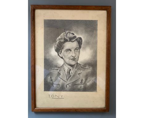 Tony, a 1945 head and shoulders portrait of an ATS officer attached to the Royal Artillery, graphite, signed and dated, in pe