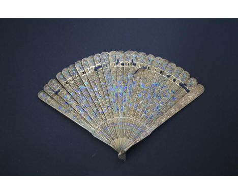 A Circa 1840's Chinese Gilded Silver Metal Filigree Brisé Fan, Qing Dynasty, further embellished on both sides with blue, gre