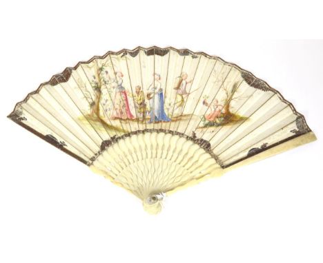 The Grape Harvest: A Circa 1740's Ivory Fan, the plain sticks mounted with a painted country scene of grape pickers in the fi