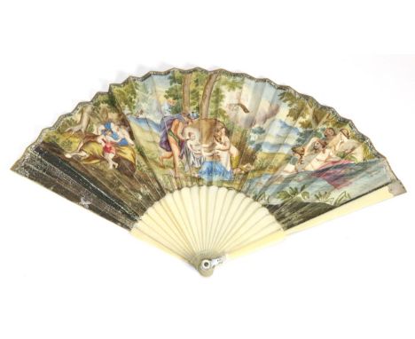 Mercury delivers Bacchus: A Circa 1720's Ivory Fan, with slender plain sticks, the guards tipped with a panel of mother-of-pe