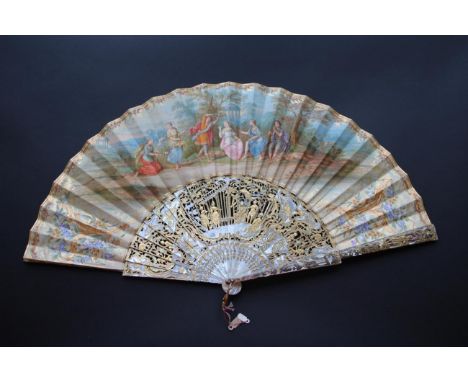 Arcadian Love: A Large 19th Century Mother-of-Pearl Fan, with gilded and silvered, carved and pierced monture. The gorge is p