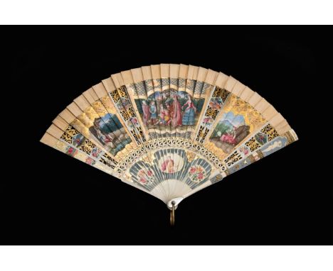 A Very Fine Late 17th/Early 18th Century Painted, Carved and Pierced Ivory Brisé Fan, possibly Dutch, with twenty-eight inner