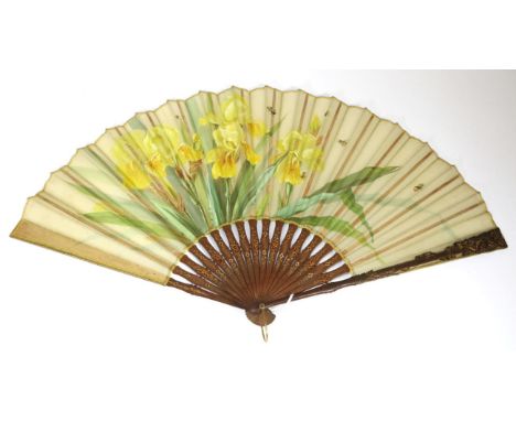 A Circa 1890's White Gauze Fan, on plain painted wooden sticks, the leaf painted with mauve and white lilacs and veined leave