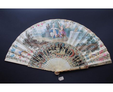 Paris and Oenone: A Mid-18th Century Ivory Fan, the sticks carved, pierced and painted in autumnal colours. Both guards featu