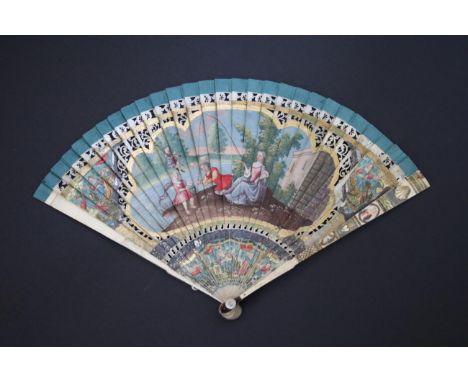 A Riverside Fishing Expedition: An Early 18th Century Painted Bone Brisé Fan, the large central vignette depicting an idyllic