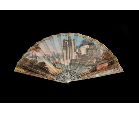 A Regency Grand Tour/Topographical Fan, circa 1800 -1810, depicting Roman temple ruins in a rural setting. The double skin le