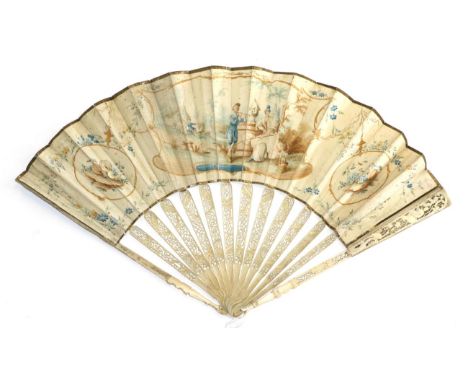 An Early 18th Century Ivory Fan, with carved and pierced monture, the slender guards carved with a figure and flowers, the go