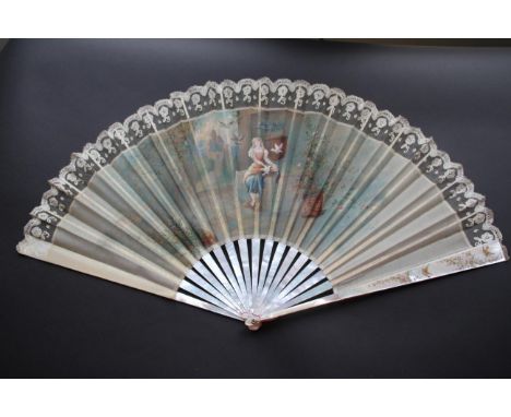 A Large Circa 1890's Mother-of-Pearl Fan, with delicate painting on the upper guard, of birds and flowers, pastel colours, go