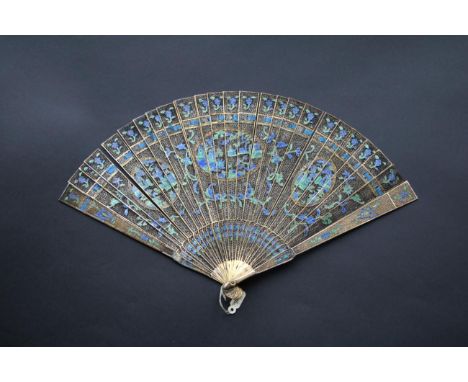 A Chinese Filigree Gilded Metal Brisé Fan, Qing Dynasty, decorated recto/verso with blue and green enamel, three gold bordere