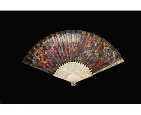 The Legend of Gaius Mucius and Lars Porsena: A Rare Early to Mid-18th Century Italian Fan, with carved ivory sticks, the guar