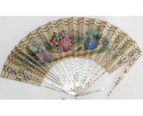 Aphrodite Ipdated?: A Mid-19th Century White Mother-of-Pearl Fan, the monture pierced and carved and clouté with steel. The d
