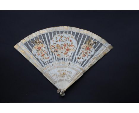 An Early 18th Century Chinese Ivory Brisé Fan, possibly Kangxi, with painted decoration in the Imari porcelain style. The twe