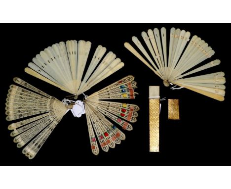 Regency Brisés: Four Small Regency Brisé Fans, one in a period gold tube with lid, to include one plain ivory fan with slende