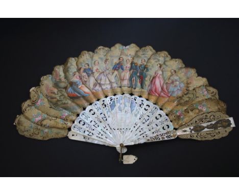 A Mid-19th Century Silk Jenny Lind or Palmette Fan, the palm shaped leaf sections linked together with thread. The double lea