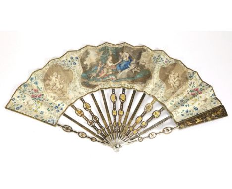 Venus and Adonis: A Fine 18th Century Mother-of-Pearl Fan, circa 1760's, the monture carved, pierced, silvered and gilded, th