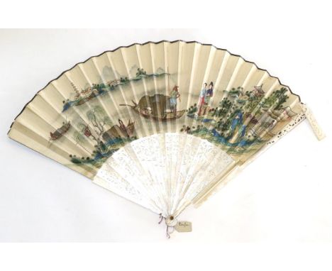 An 18th Century Chinese Carved White Mother-of-Pearl Fan, Qing Dynasty, mounted with a double paper leaf depicting an orienta