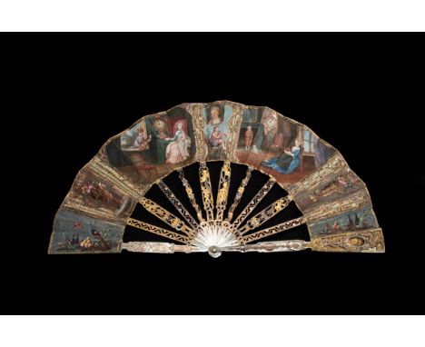 As The Hours Pass: A Highly Unusual Mid to Late 18th Century Mother-of-Pearl Fan, the heavy sticks carved, pierced and gilded