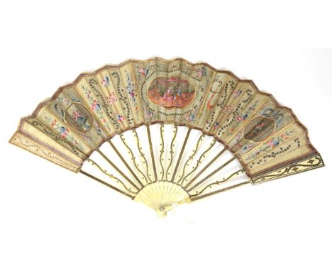 A Mid to Late 18th Century Ivory Fan, the monture gilded, the upper section of the guard inlaid with dots leaving much of the