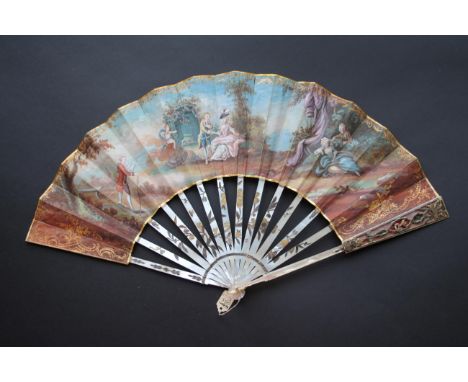 The Rehearsal: A Mid-18th Century White Mother-of-Pearl Fan, lightly silvered and gilded, the carving in the upper guards cla