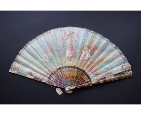 The Flower Meadow: A 19th Century Ivory Fan, painted in autumnal colours, the gorge with a central scene of three chinoiserie