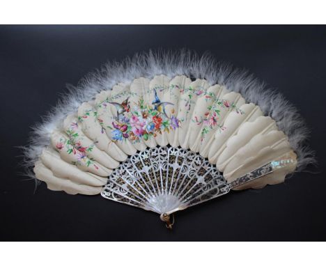 Flowers and Feathers: A Mid-19th Century Jenny Lind or Palmette Fan, with a finely carved and pierced, gilded and silvered mo