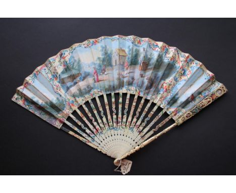 First Steps: An 18th Century Fan, circa 1740's-1750's, the ivory monture carved and painted in bright colours. The guards hav