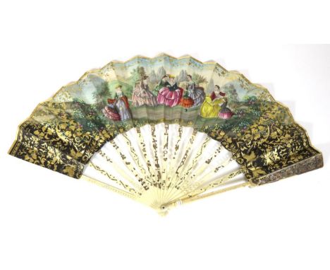 A Mid to Late 19th Century Ivory Fan, the monture very plain, the double silk leaf painted with a young boy playing a guitar 