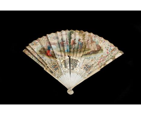 The Pedlar: An 18th Century Ivory Fan, possibly Italian, with carved and inlaid guards and carved and pierced gorge, the inla