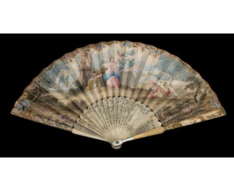 Flora and Zephyr: An 18th Century Carved and Pierced Ivory Fan, with mother-of-pearl thumb guards. The upper guards are elabo