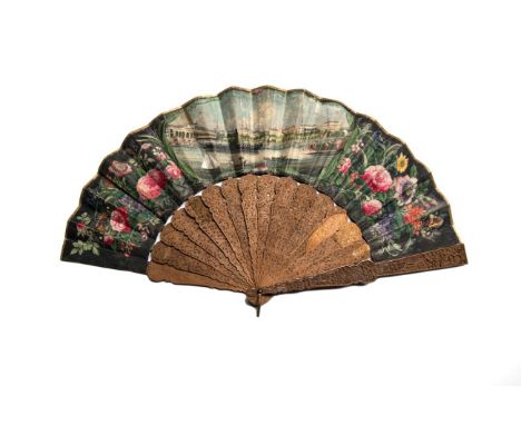 A Harbour Scene, probably the Hongs of Canton: Mid-19th Century Chinese Carved Sandalwood Fan, Qing Dynasty, the double paper