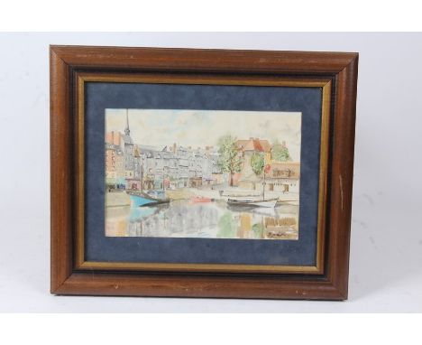 Watercolour depicting a harbourside scene, print of a ploughed field, black and white photographs to include a pub exterior, 
