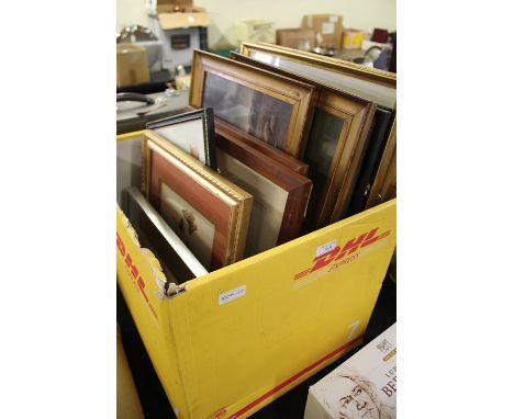 Mixed pictures to include a print after Vernon Ward of a still lifer scene, a pair of gilt framed landscape prints after F. A