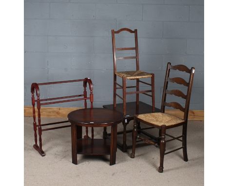 Furniture, to include two ladder back chairs, two tables and towel rail, (5)