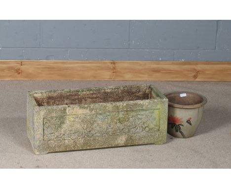 Concrete garden planter, of rectangular form, 76cm long, together with a small glazed plant pot (2)