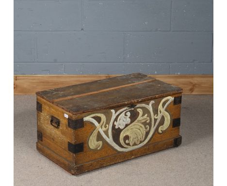 Early 20th Century painted trunk, with handles and bounds to the side, with contents of pictures and frames, 72cm wide, 34cm 