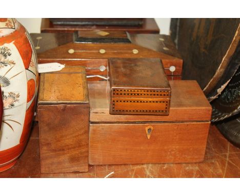 Victorian mother of pearl inlaid tea caddy, small box with Sherwood Foresters crest to the lid, two tea caddies (4)