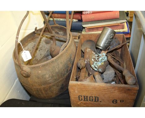 Collection of tools, a hanging pot, tongs and a pewter cup, (qty)