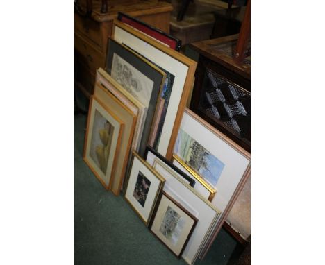 Quantity of various pictures, to include a pair of prints depicting College scenes, an abstract study entitled 'Out and Beyon