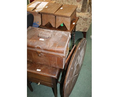 Small tin trunk, a 20th Century oak sewing box, two small wooden stools, an oak square top table fitted single drawer and rai