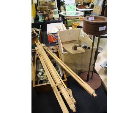 Works of art, to include a folding artist's studio easel in pine, a novelty ashtray on stand, pewter, Torskefiske Norwegian p