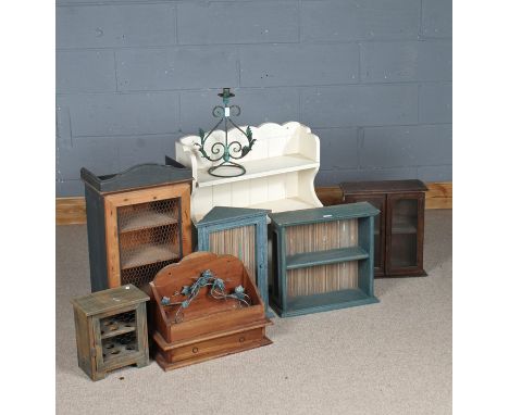 Collection of painted hanging cupboards, together with an oak display cabinet, an iron candlestick, and a desk stand (qty)