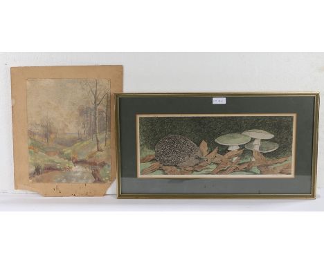 Pictures, to include Peter Merrin, Hedgehog, limited edition print, 21/120, a watercolour of a lane, a watercolour of a strea