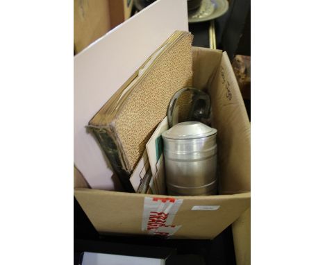 Collection of mixed items to include lace textiles, commemorative tea caddy dated 1937, greetings cards, cutlery, pencil sign