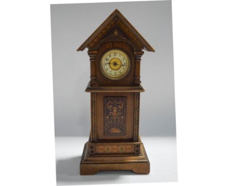 A miniature longcase clock of architectural form, with stained decoration, 31cm high