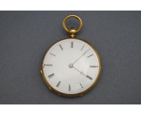 A continental gold open faced small sized pocket watch, the white enamel dial with black Roman numeral, blued steel hands, th