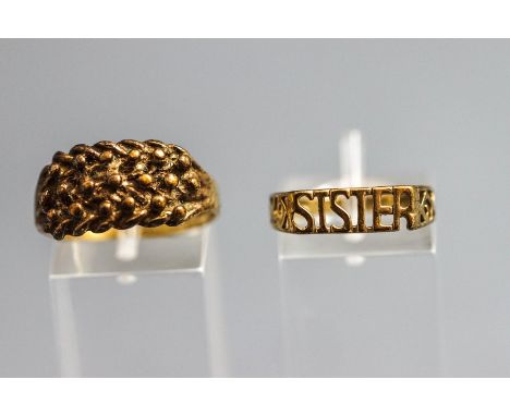 A 9 carat gold keeper ring, finger size P; and a 9 carat gold 'Sister' ring; 5 g gross