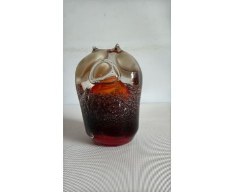 Murano-style art glass owl features rich colors with controlled bubble inclusion and vibrant millefiori eyes.