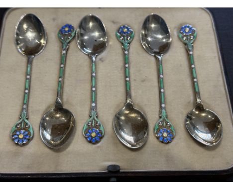 6 Cased silver & enamel spoons, full birmingham hallmarks 