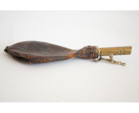 Brass & leather old powder flask 
